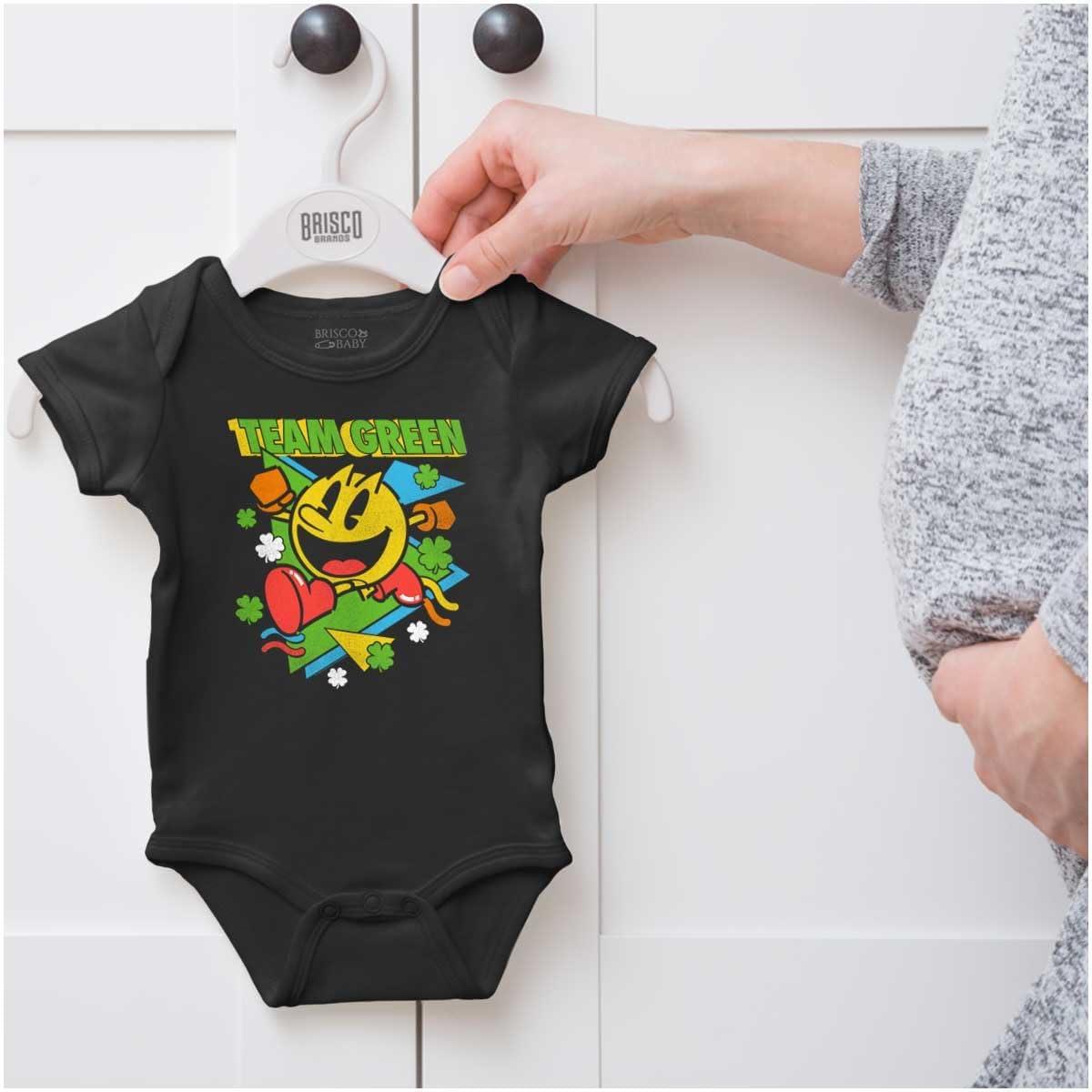 imageBrisco Brands PACMAN St Paddys Clover Team Green Baby Romper Boys or GirlsBlack