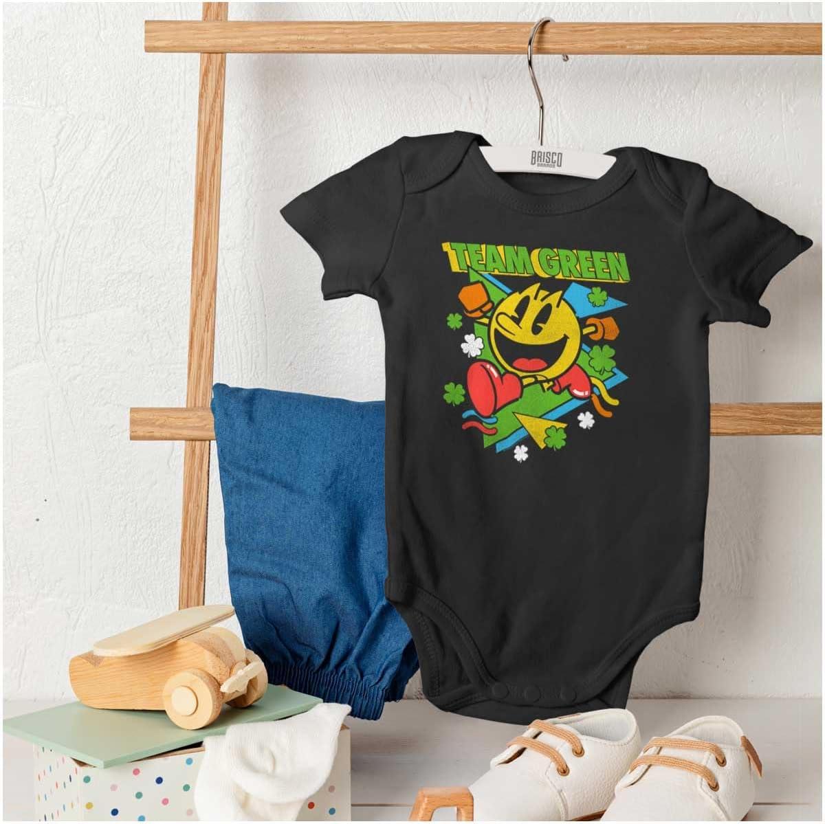 imageBrisco Brands PACMAN St Paddys Clover Team Green Baby Romper Boys or GirlsBlack