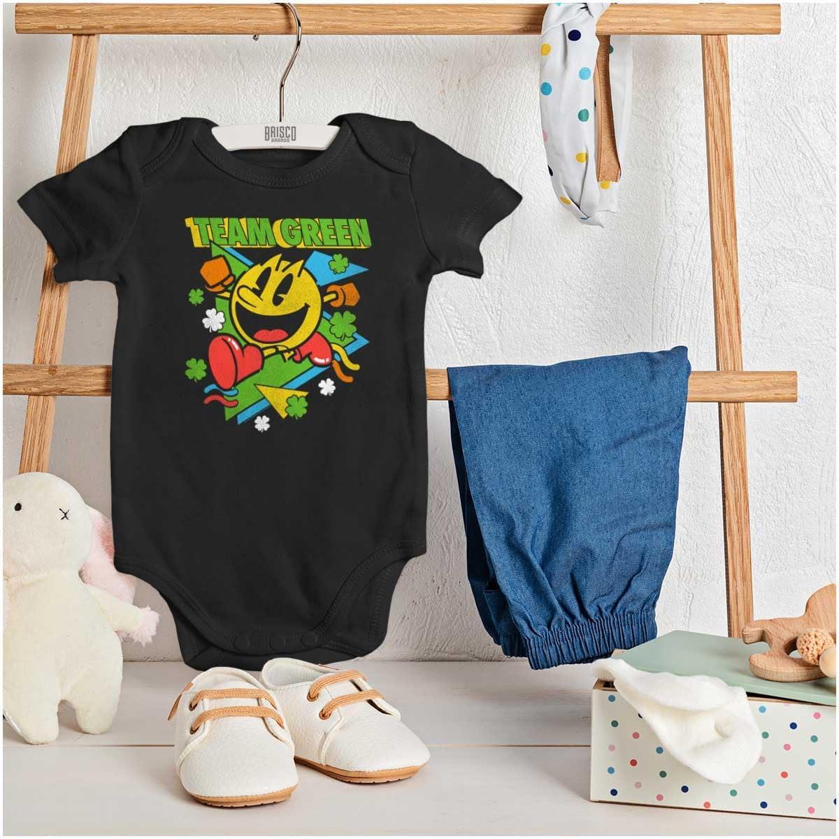 imageBrisco Brands PACMAN St Paddys Clover Team Green Baby Romper Boys or GirlsBlack