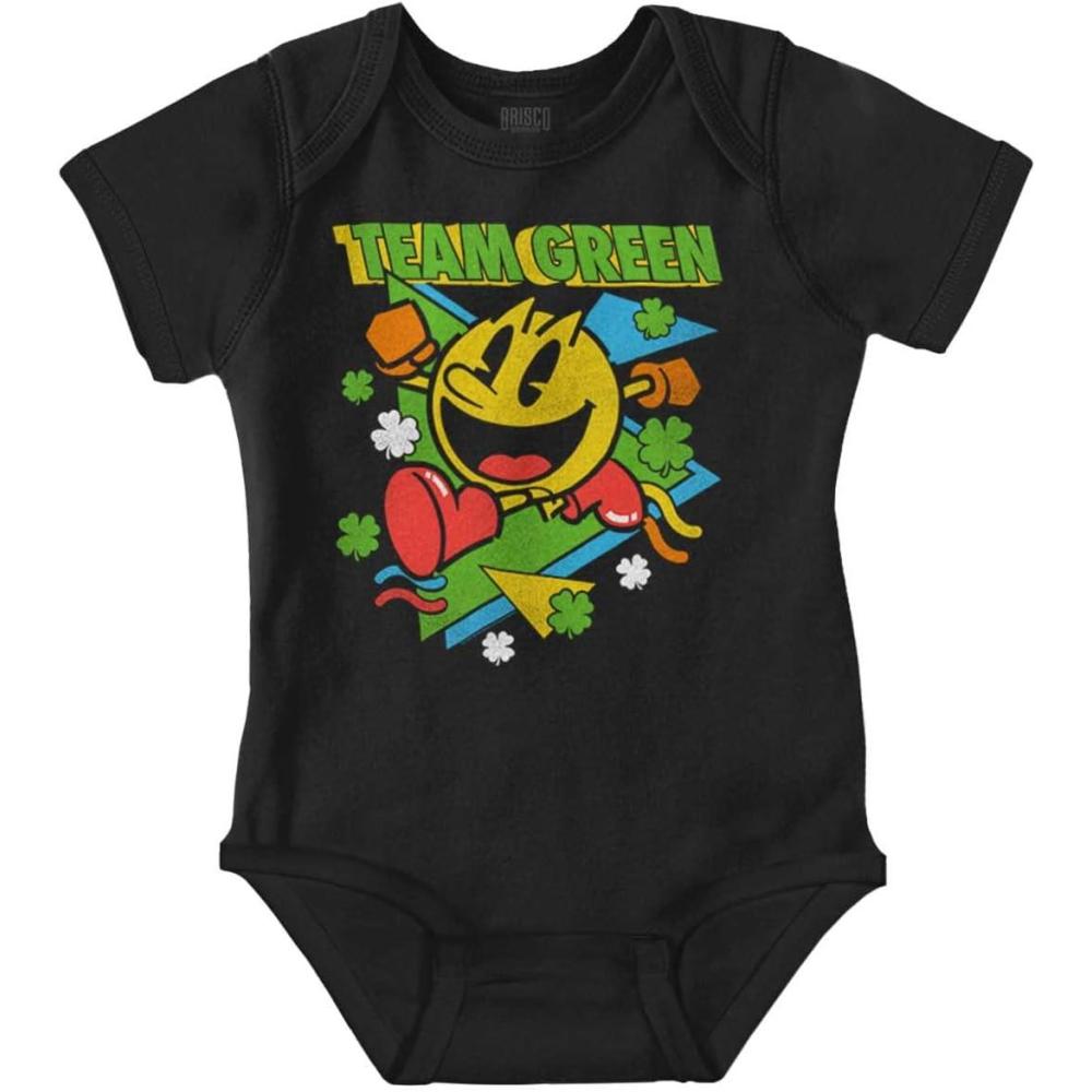 imageBrisco Brands PACMAN St Paddys Clover Team Green Baby Romper Boys or GirlsBlack