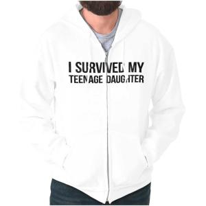 Brisco Brands I Survived My Teenage Daughter Funny Zip Up Hoodie Mens Womens(White)