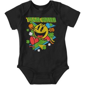 Brisco Brands PACMAN St Paddys Clover Team Green Baby Romper Boys or Girls(Black)