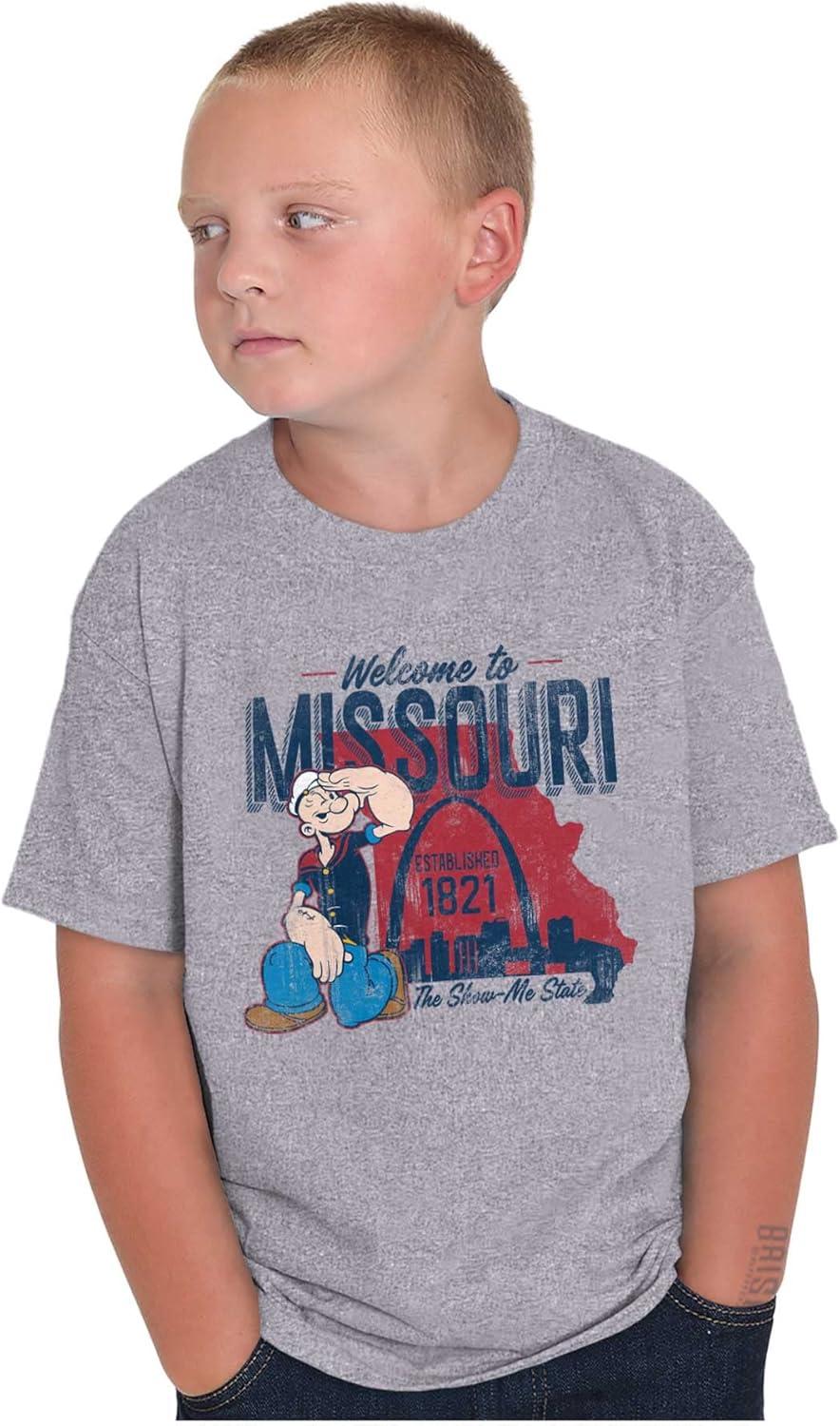 imageBrisco Brands Popeye Cartoon American States Crewneck T Shirts Boy GirlMissouri Sport Grey