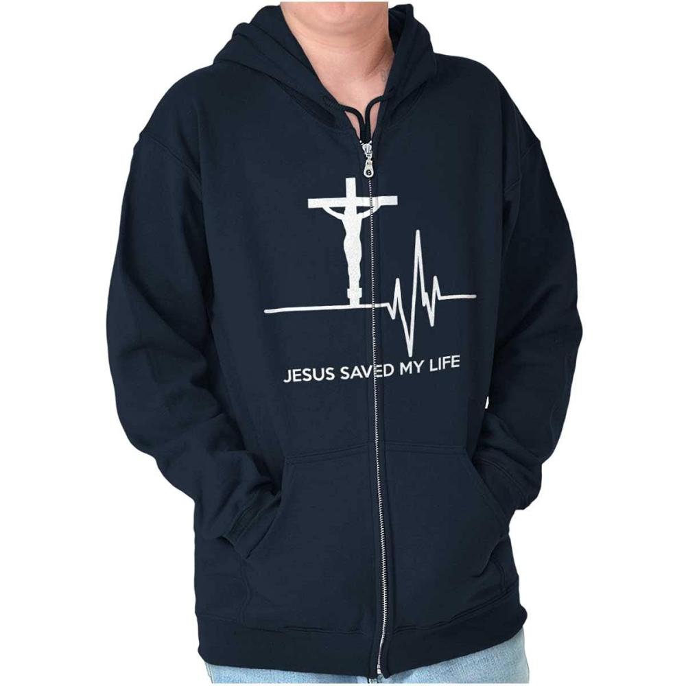 imageChristian Strong Jesus Saved My Life Crucifix Zip Up Hoodie Mens Womens Navy