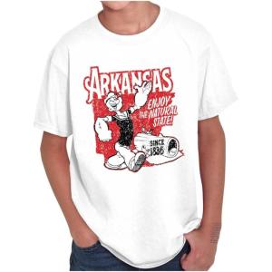Brisco Brands Popeye Cartoon American States Crewneck T Shirts Boy Girl(Arkansas – White)