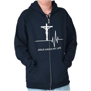 Christian Strong Jesus Saved My Life Crucifix Zip Up Hoodie Mens Womens Navy