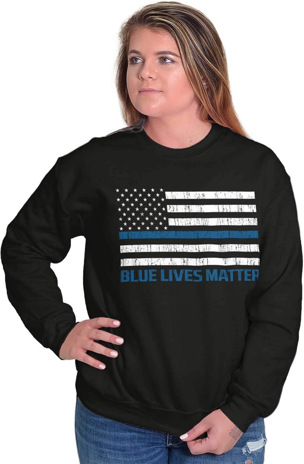 imageBrisco Brands Blue Line American Flag Support Sweatshirt for Men or WomenBlack