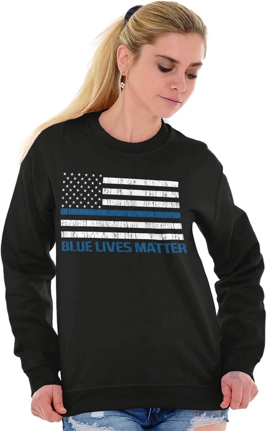 imageBrisco Brands Blue Line American Flag Support Sweatshirt for Men or WomenBlack