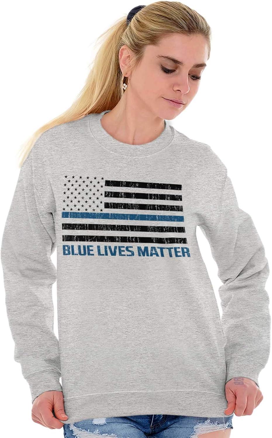 imageBrisco Brands Blue Line American Flag Support Sweatshirt for Men or WomenSport Grey