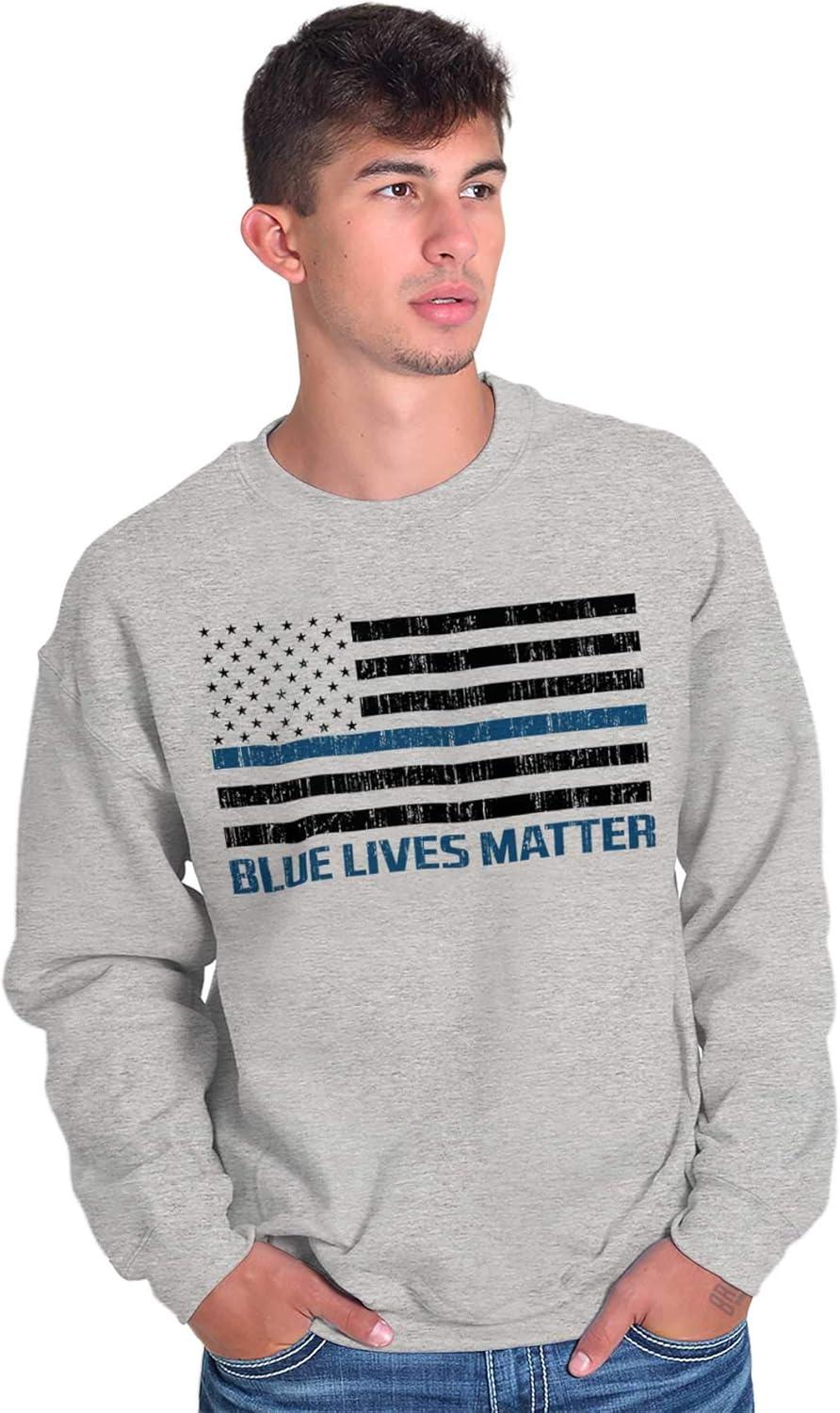 imageBrisco Brands Blue Line American Flag Support Sweatshirt for Men or WomenSport Grey