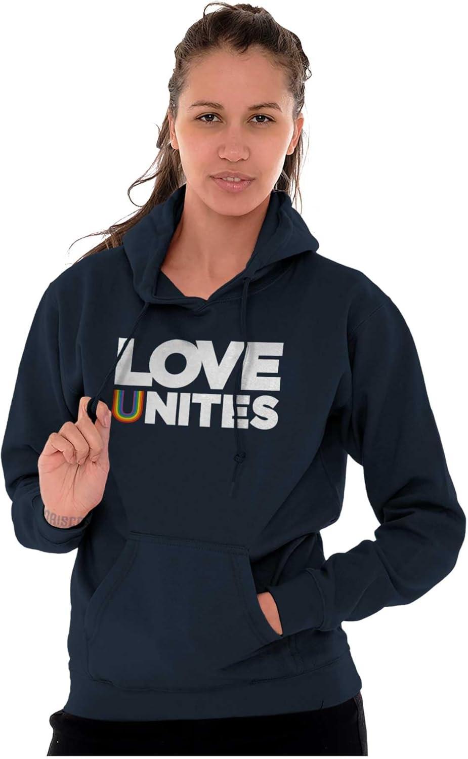 imageBrisco Brands Love Unites Upside Down Rainbow Hoodie Sweatshirt Women MenNavy