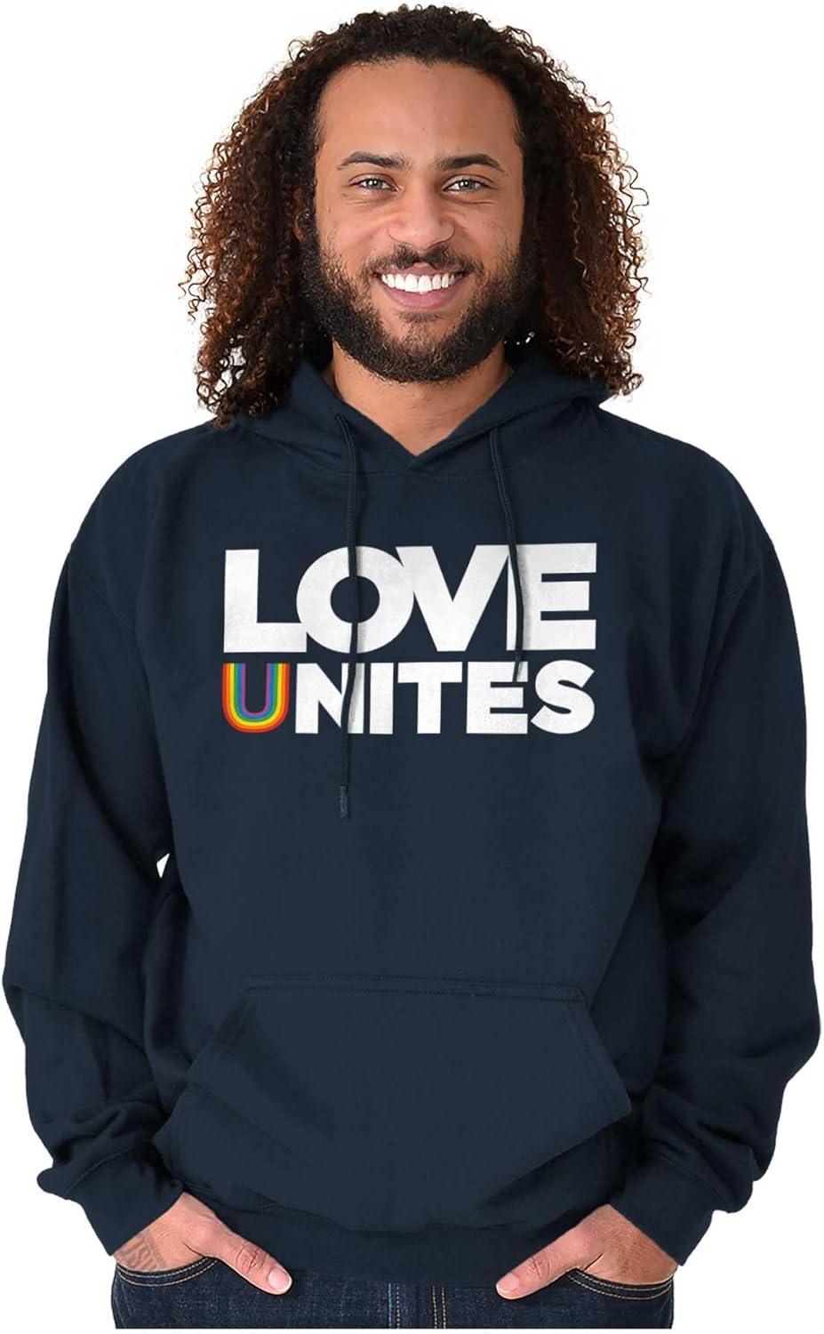 imageBrisco Brands Love Unites Upside Down Rainbow Hoodie Sweatshirt Women MenNavy