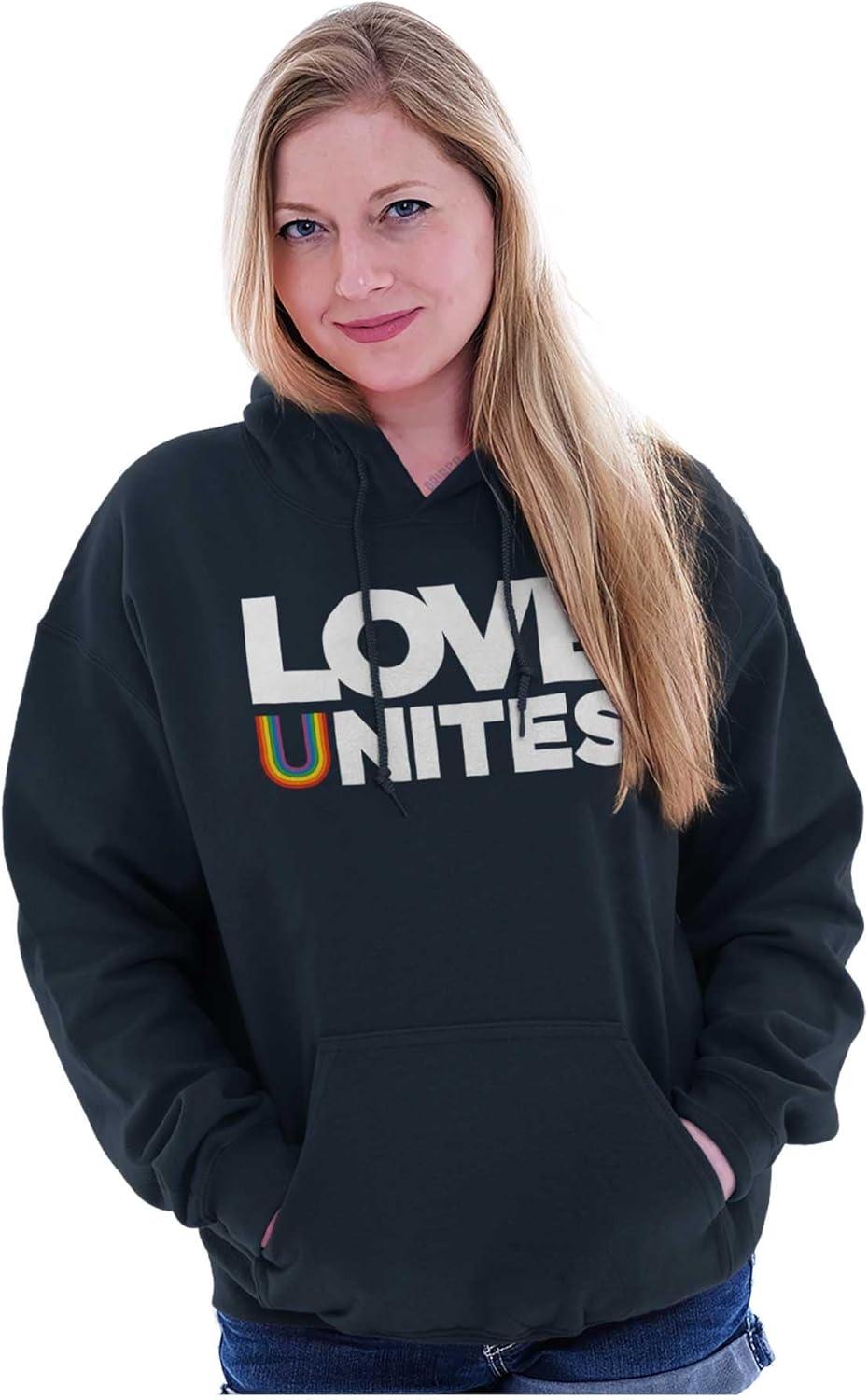 imageBrisco Brands Love Unites Upside Down Rainbow Hoodie Sweatshirt Women MenNavy