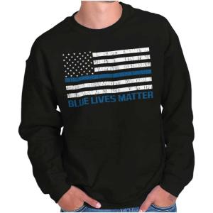Brisco Brands Blue Line American Flag Support Sweatshirt for Men or Women(Black)