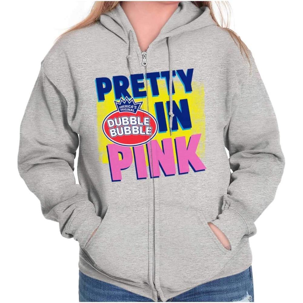 imageBrisco Brands Pretty In Pink Dubble Bubble Logo Zip Hoodie Sweatshirt WomenSport Grey