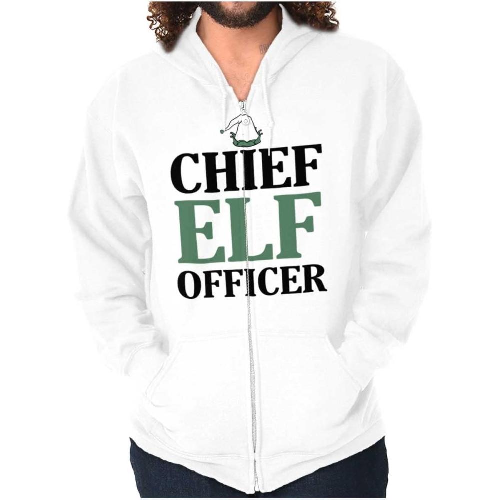 imageBrisco Brands Xmas Chief Elf Officer Santa Helper Zip Up Hoodie Mens WomensWhite