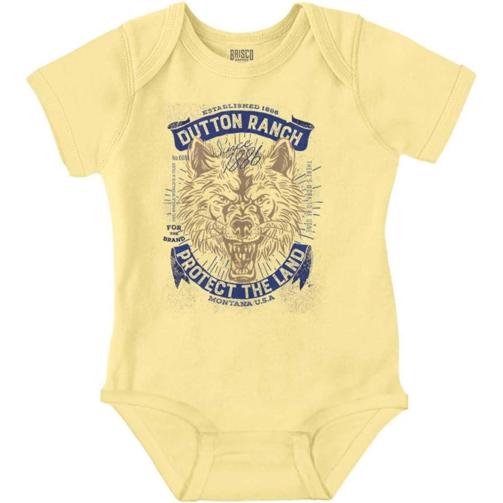 imageBrisco Brands Yellowstone Protect the Land Wolf Baby Romper Boys or GirlsBanana