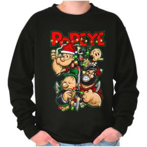 Brisco Brands Popeye Christmas Lights Crew Cartoon Sweatshirt for Men or Women(Black)