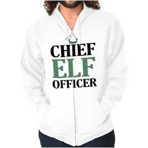 Brisco Brands Xmas Chief Elf Officer Santa Helper Zip Up Hoodie Mens Womens(White)