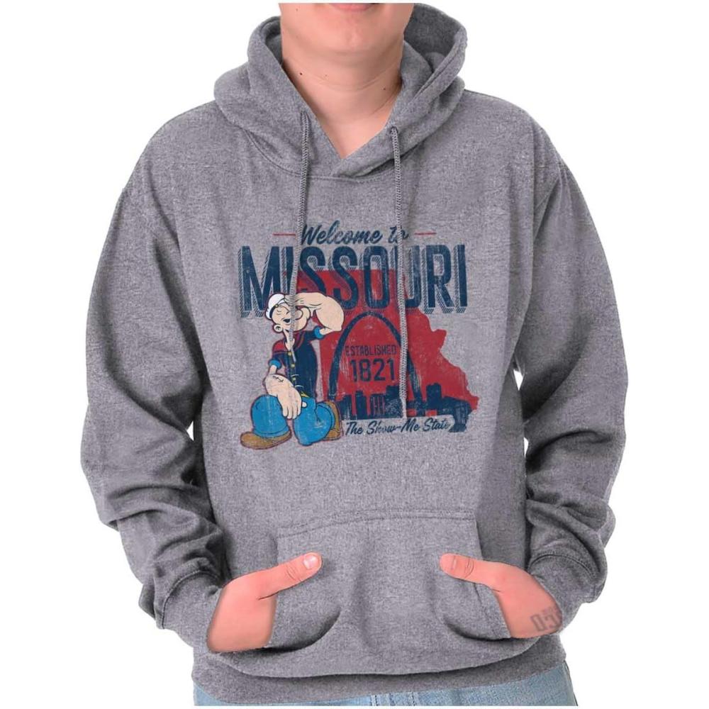 imageBrisco Brands Popeye Cartoon American States Hoodie Sweatshirt Women MenMissouri Sport Grey