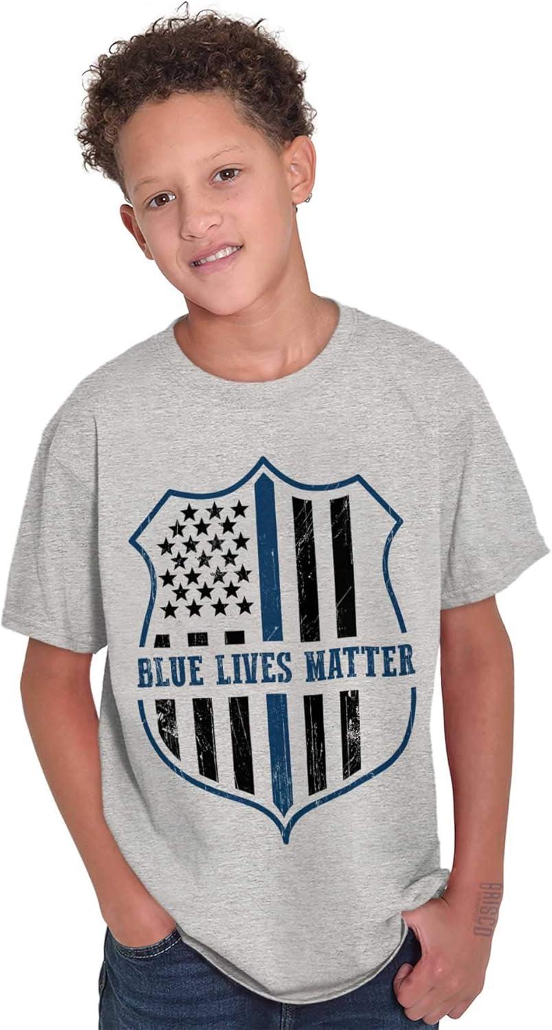 imageBrisco Brands Blue Line American Flag Police Badge Crewneck T Shirts Boy GirlSport Grey