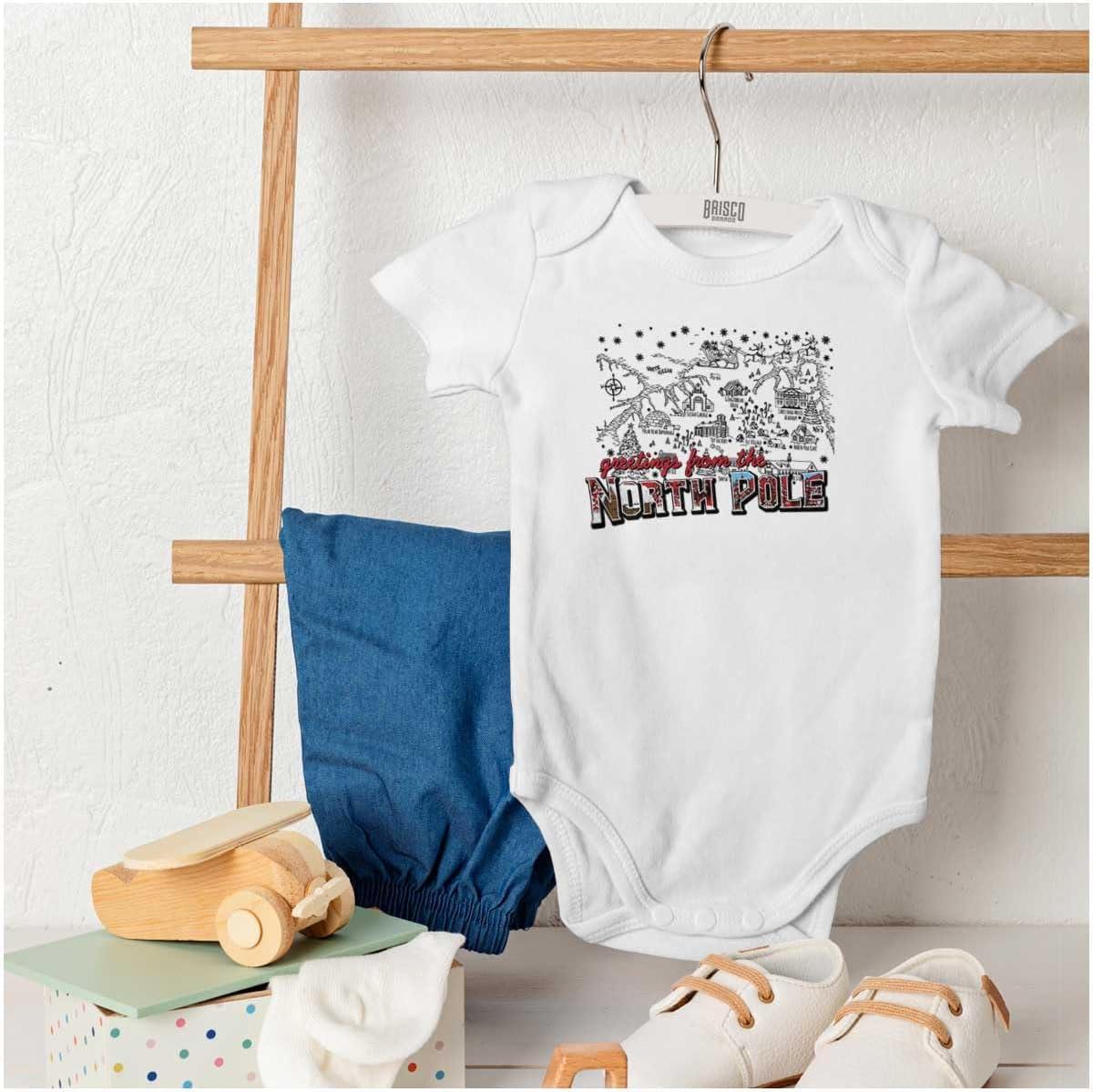 imageBrisco Brands Christmas Greetings From North Pole Baby Romper Boys or GirlsWhite