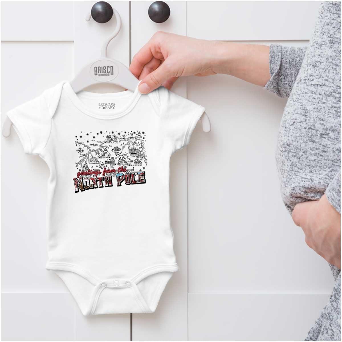 imageBrisco Brands Christmas Greetings From North Pole Baby Romper Boys or GirlsWhite