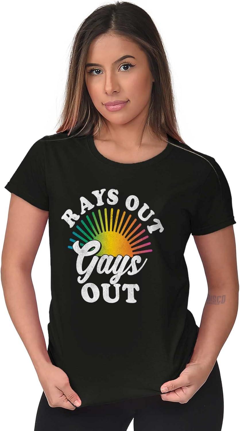 imageBrisco Brands Rays Out Gays Out LGBTQ Pride Summer Womens Slim Fit Graphic TeeBlack
