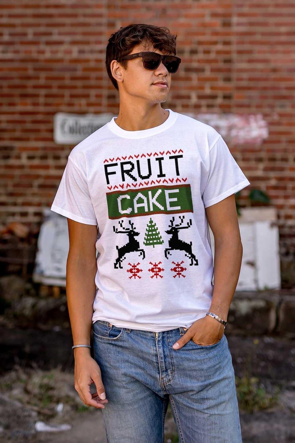 imageBrisco Brands Ugly Christmas Fruit Cake Pattern Graphic T Shirt Men or WomenWhite