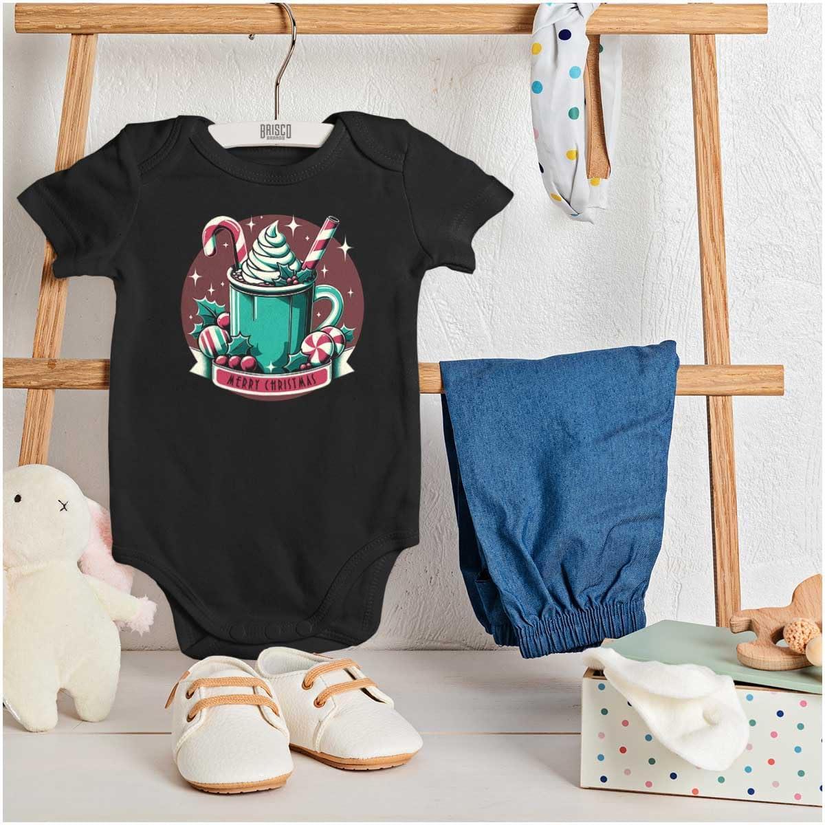imageBrisco Brands Xmas Merry Christmas Hot Cocoa Mug Baby Romper Boys or GirlsBlack