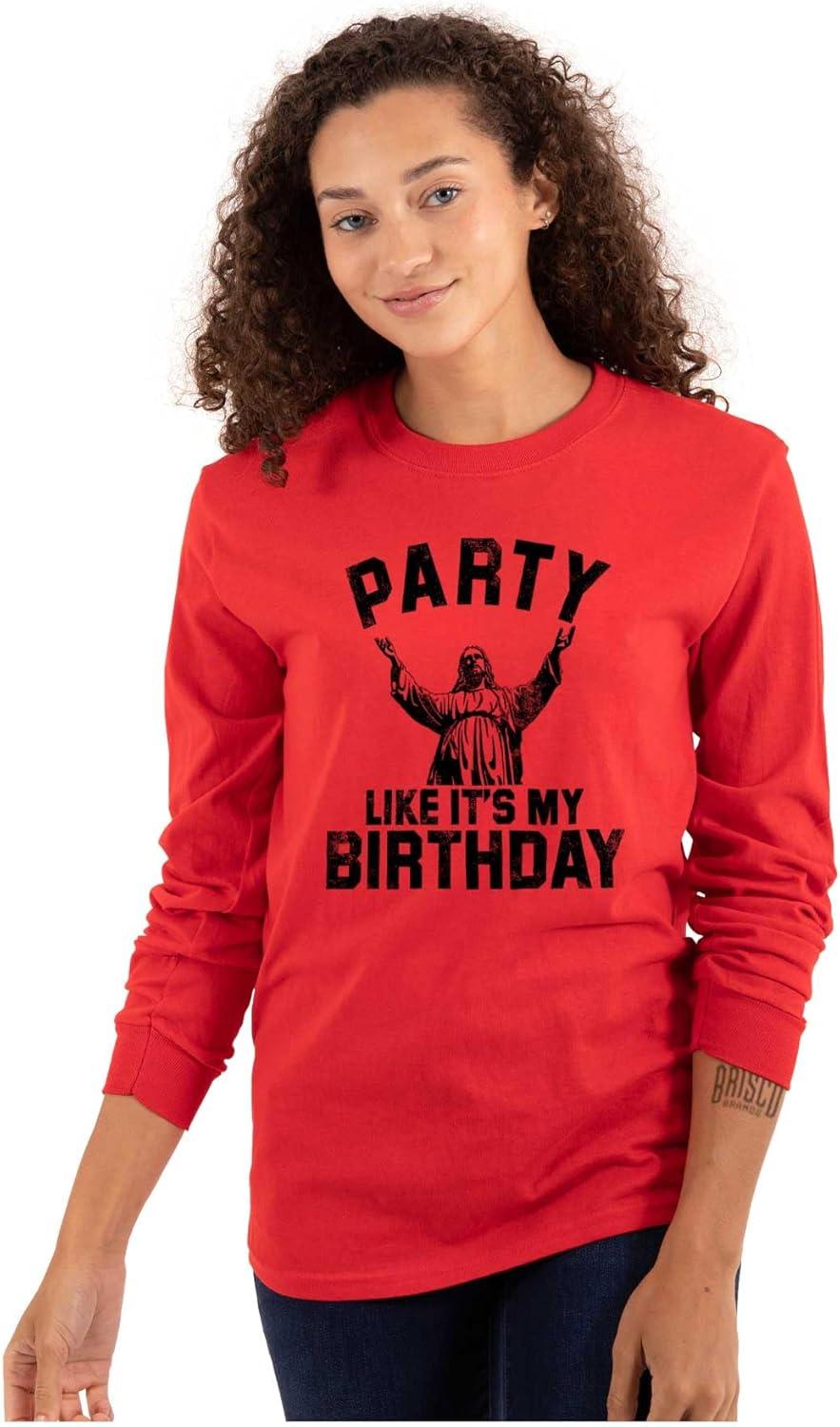 imageBrisco Brands Xmas Party Like Its My Birthday Jesus Long Sleeve Tshirt Men WomenRed