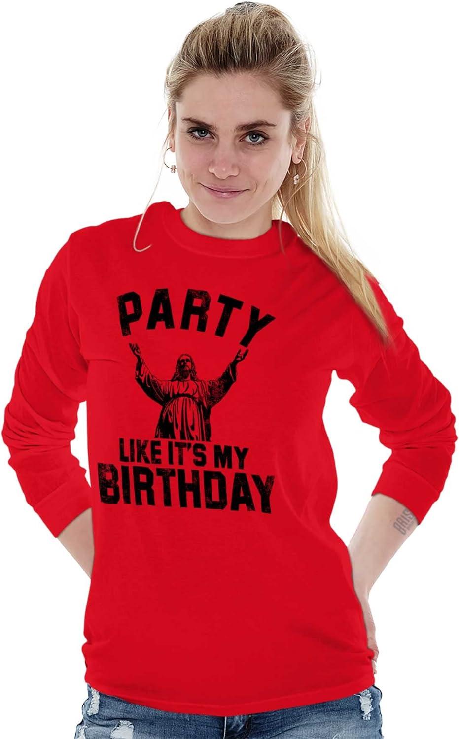 imageBrisco Brands Xmas Party Like Its My Birthday Jesus Long Sleeve Tshirt Men WomenRed