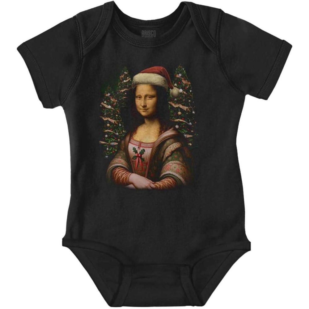 imageBrisco Brands Christmas Mona Lisa Santa Claus Baby Romper Boys or GirlsBlack
