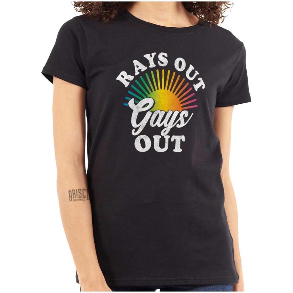 imageBrisco Brands Rays Out Gays Out LGBTQ Pride Summer Womens Slim Fit Graphic TeeBlack