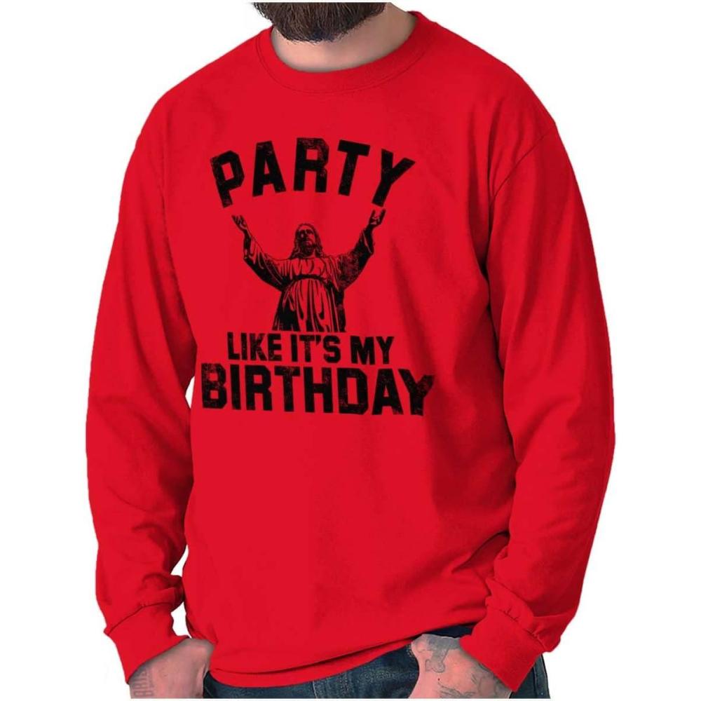 imageBrisco Brands Xmas Party Like Its My Birthday Jesus Long Sleeve Tshirt Men WomenRed