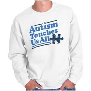 Brisco Brands Autism Touches Us All Puzzle Piece Sweatshirt for Men or Women(White)