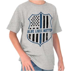 Brisco Brands Blue Line American Flag Police Badge Crewneck T Shirts Boy Girl(Sport Grey)