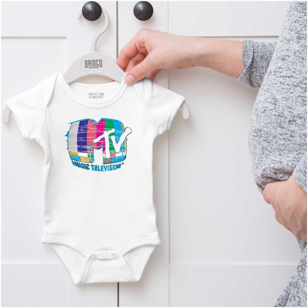 imageBrisco Brands Classic Warped Static MTV Logo Baby Romper Boys or GirlsWhite