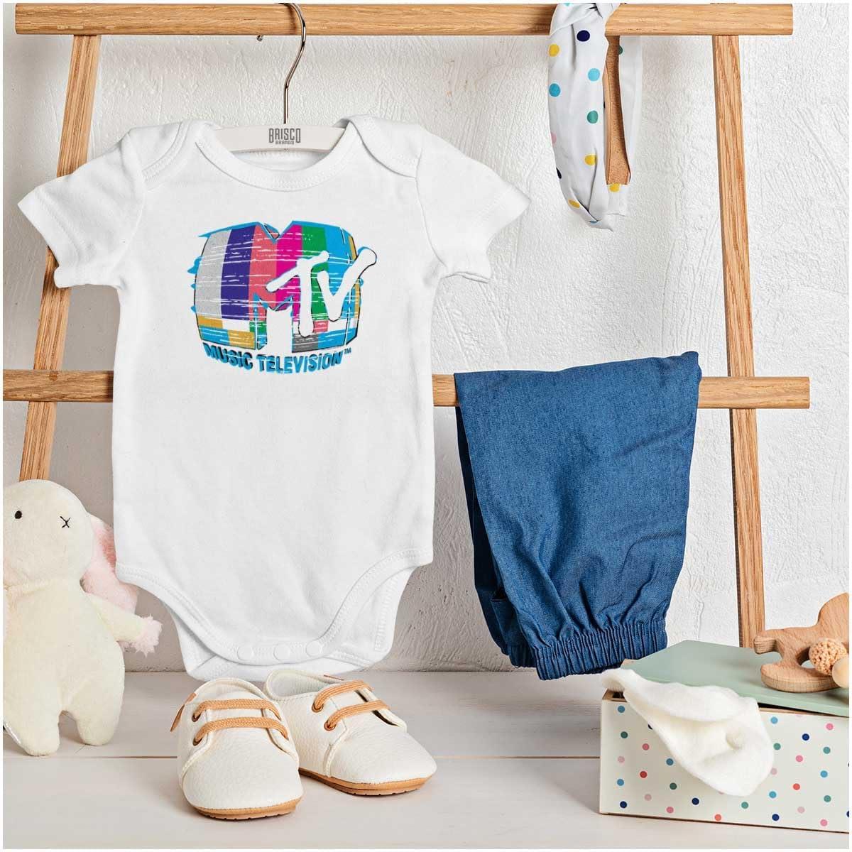 imageBrisco Brands Classic Warped Static MTV Logo Baby Romper Boys or GirlsWhite