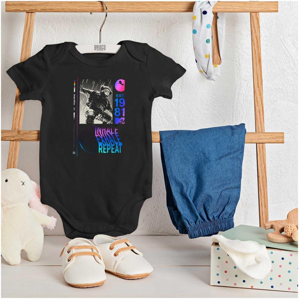imageBrisco Brands MTV Moon Man Inhale Exhale Repeat Baby Romper Boys or GirlsBlack