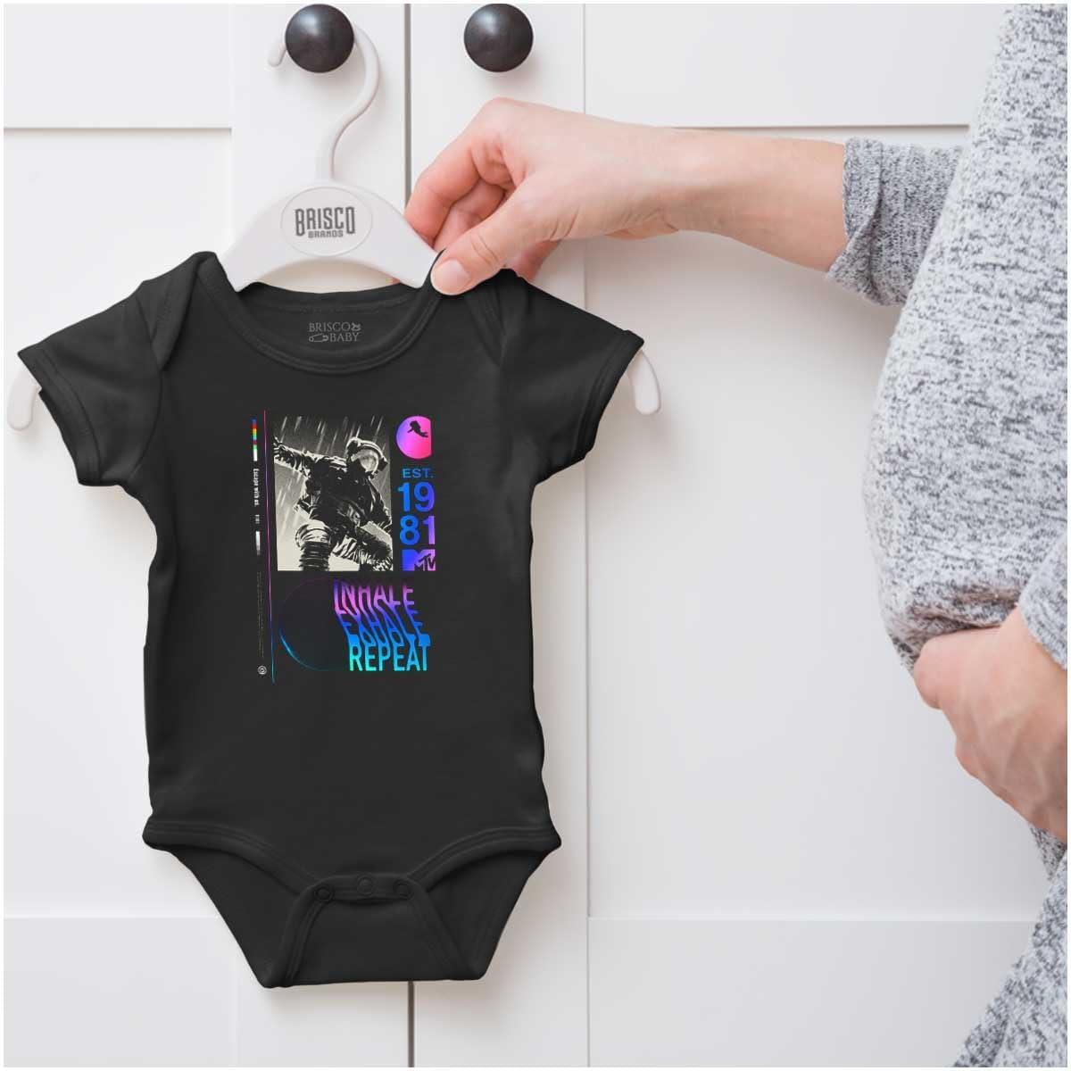 imageBrisco Brands MTV Moon Man Inhale Exhale Repeat Baby Romper Boys or GirlsBlack