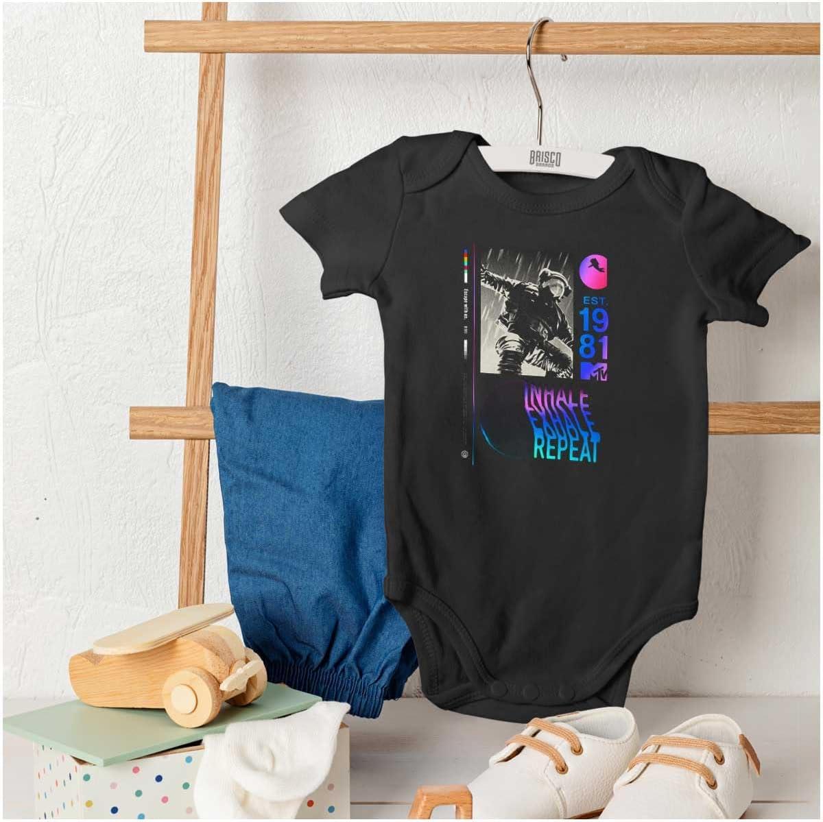 imageBrisco Brands MTV Moon Man Inhale Exhale Repeat Baby Romper Boys or GirlsBlack