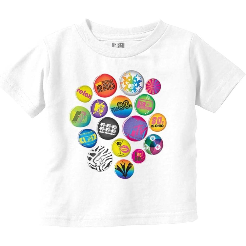 image80s Retro MTV Logo Colorful Buttons Toddler Boy Girl T ShirtWhite