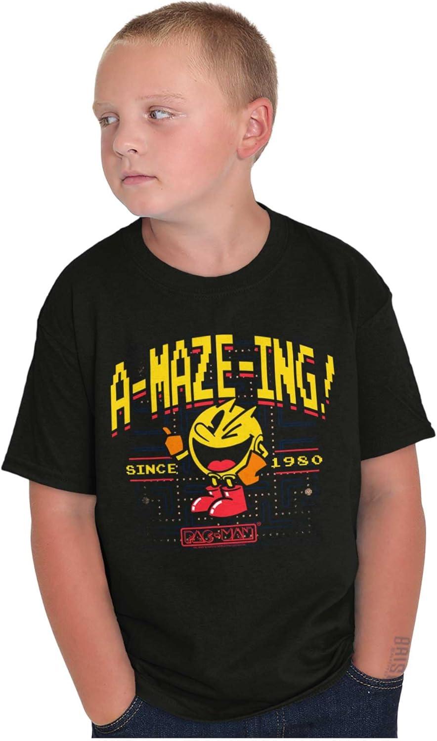 image1980 Arcade Game Pacman AMazeIng Crewneck T Shirts Boy GirlBlack