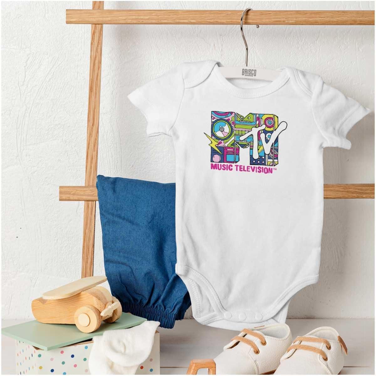 imageBrisco Brands Retro MTV Music Lightning Bolt Logo Baby Romper Boys or GirlsWhite
