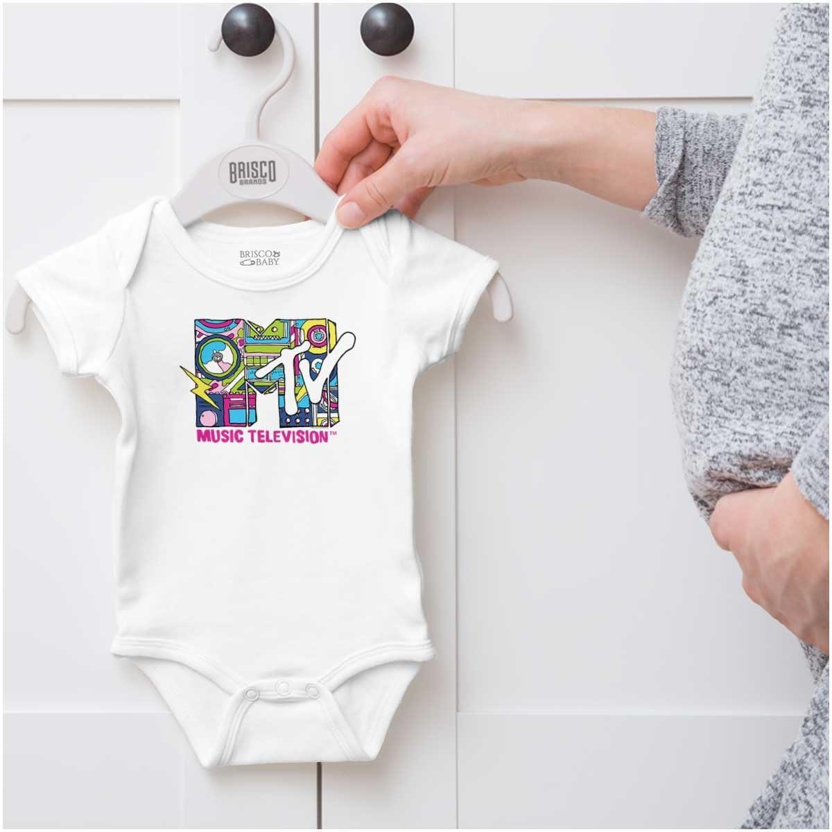 imageBrisco Brands Retro MTV Music Lightning Bolt Logo Baby Romper Boys or GirlsWhite