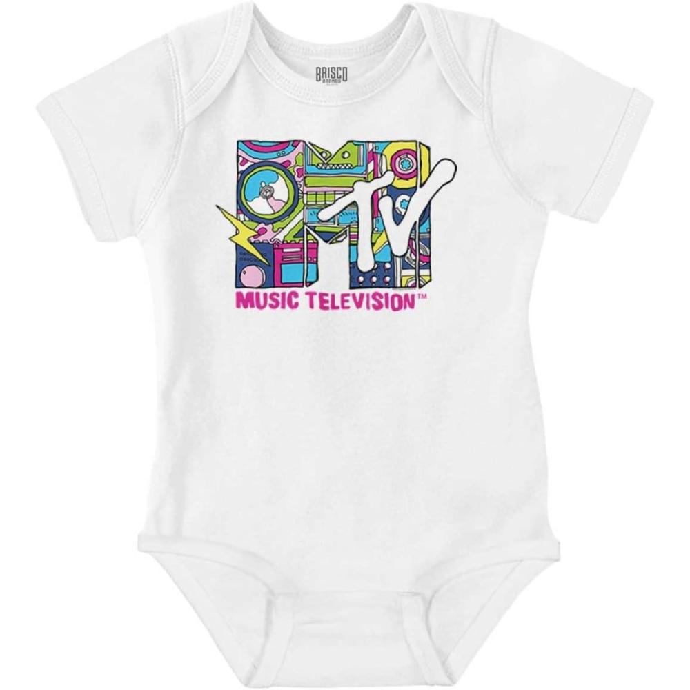 imageBrisco Brands Retro MTV Music Lightning Bolt Logo Baby Romper Boys or GirlsWhite