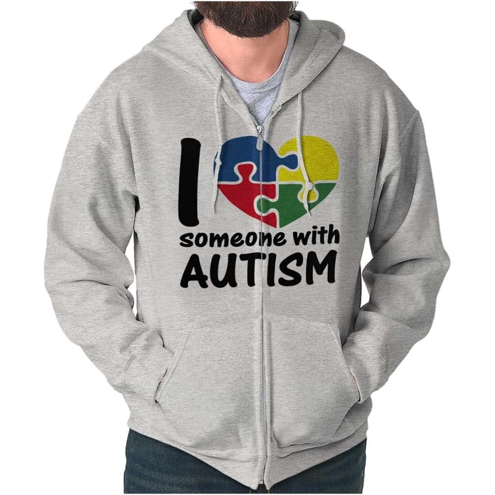 imageBrisco Brands I Love Someone with Autism Puzzle Zip Up Hoodie Mens WomensSport Grey