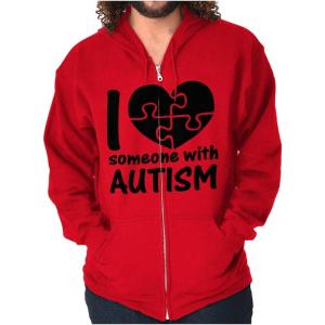 Brisco Brands I Love Someone with Autism Puzzle Zip Up Hoodie Mens Womens(Red)