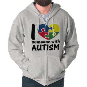 Brisco Brands I Love Someone with Autism Puzzle Zip Up Hoodie Mens Womens(Sport Grey)